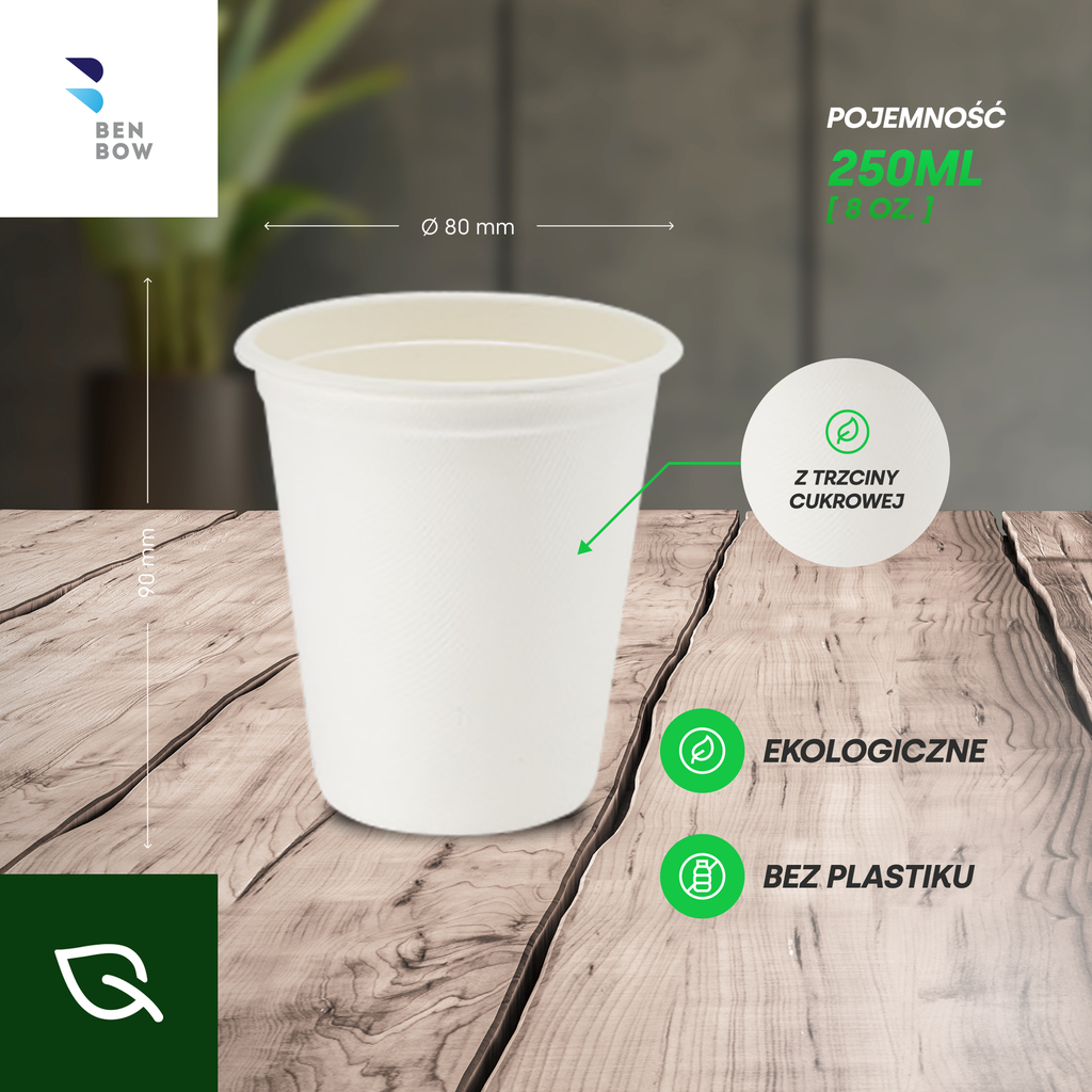 BenBow 002000 - Jednorazowe Białe Kubki z Trzciny Cukrowej 250 ml