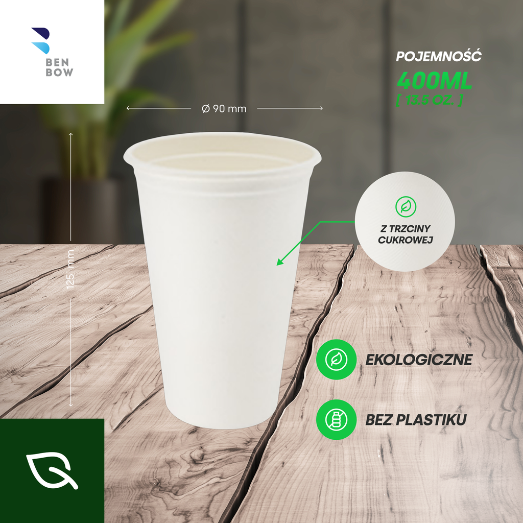 BenBow 002002 - Jednorazowe Białe Kubki z Trzciny Cukrowej 400 ml