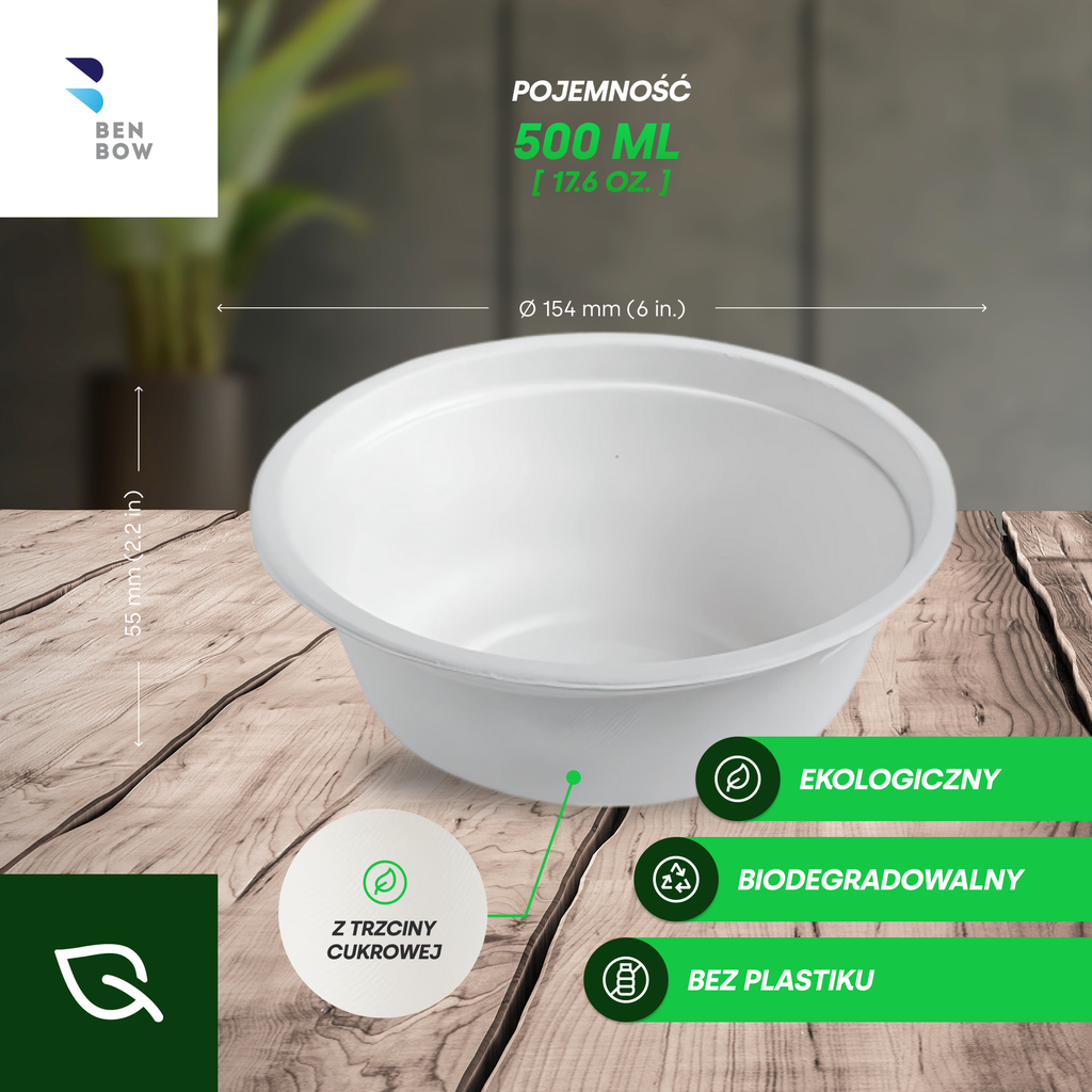 BenBow 002008 - Jednorazowa Miska 500ml z Trzciny cukrowej