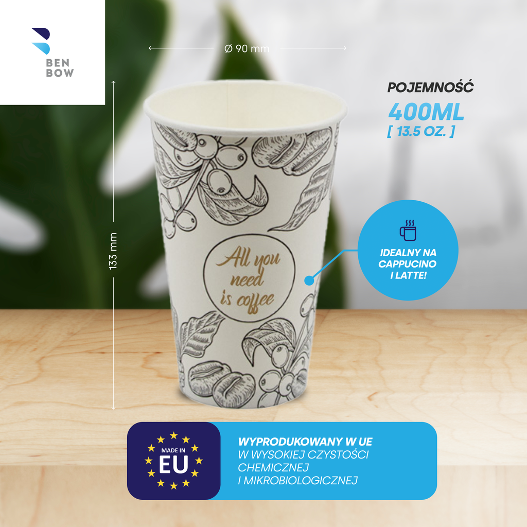BenBow 002016 - Papierowy Jednorazowy Kubek z Nadrukiem 400 ml