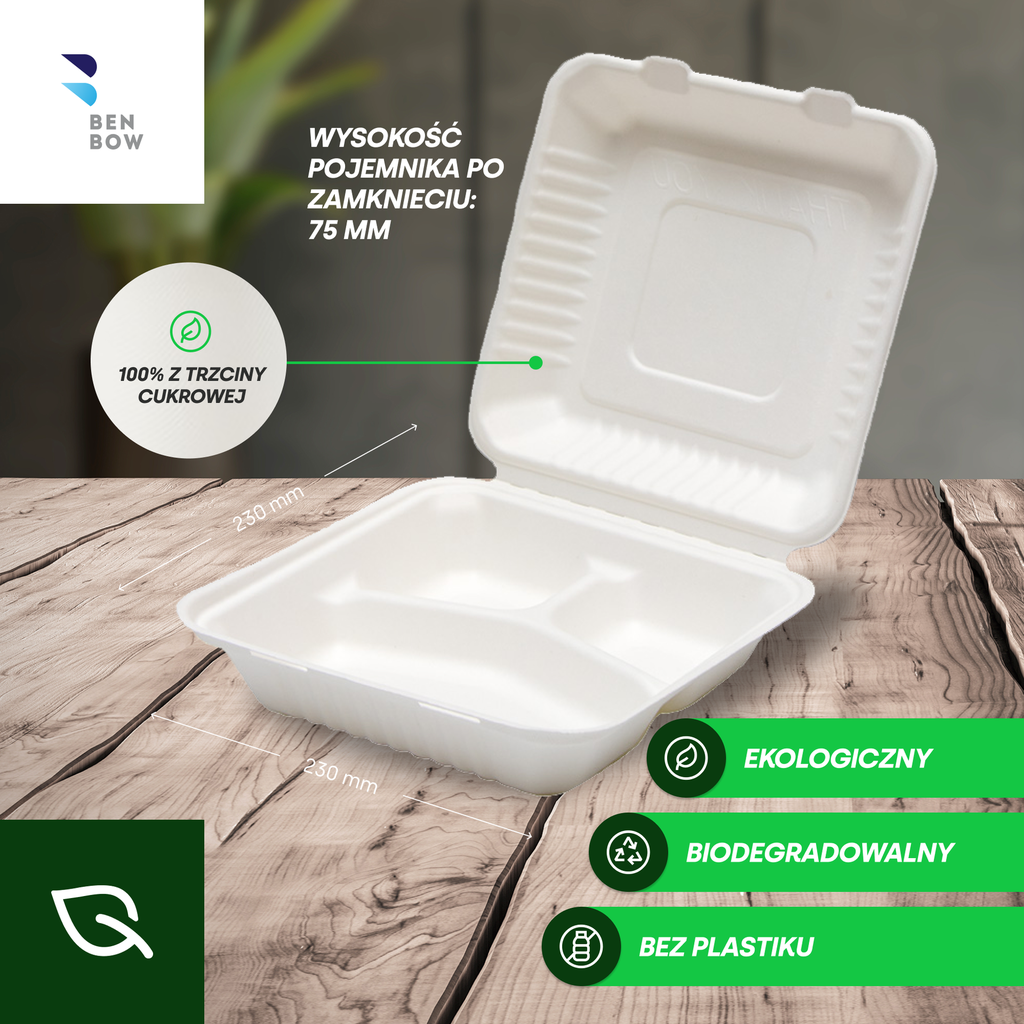 BenBow 002026 - Jednorazowy Pojemnik typu Menu Box 3-komorowy z Trzciny Cukrowej