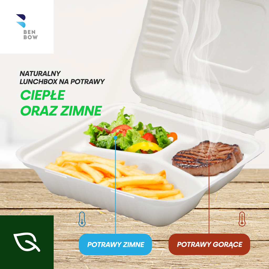 BenBow 002026 - Jednorazowy Pojemnik typu Menu Box 3-komorowy z Trzciny Cukrowej