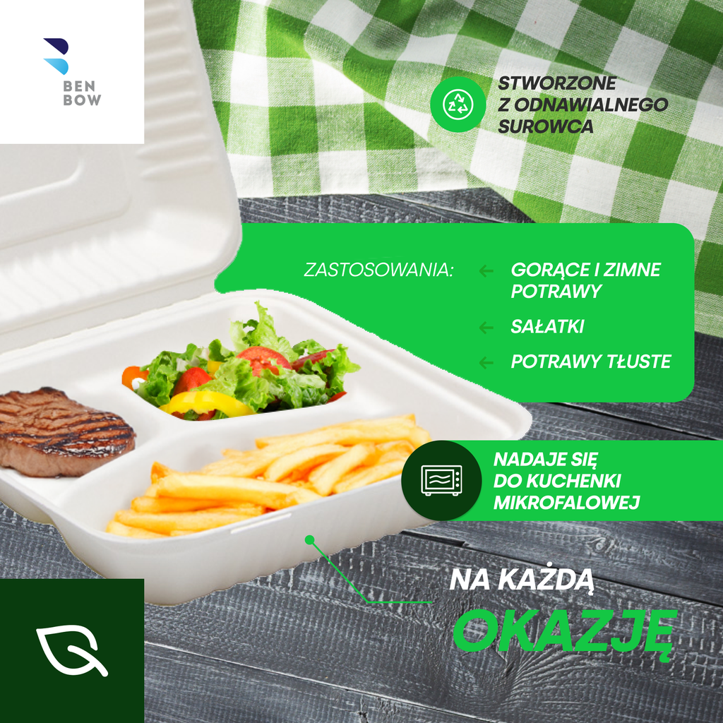 BenBow 002026 - Jednorazowy Pojemnik typu Menu Box 3-komorowy z Trzciny Cukrowej