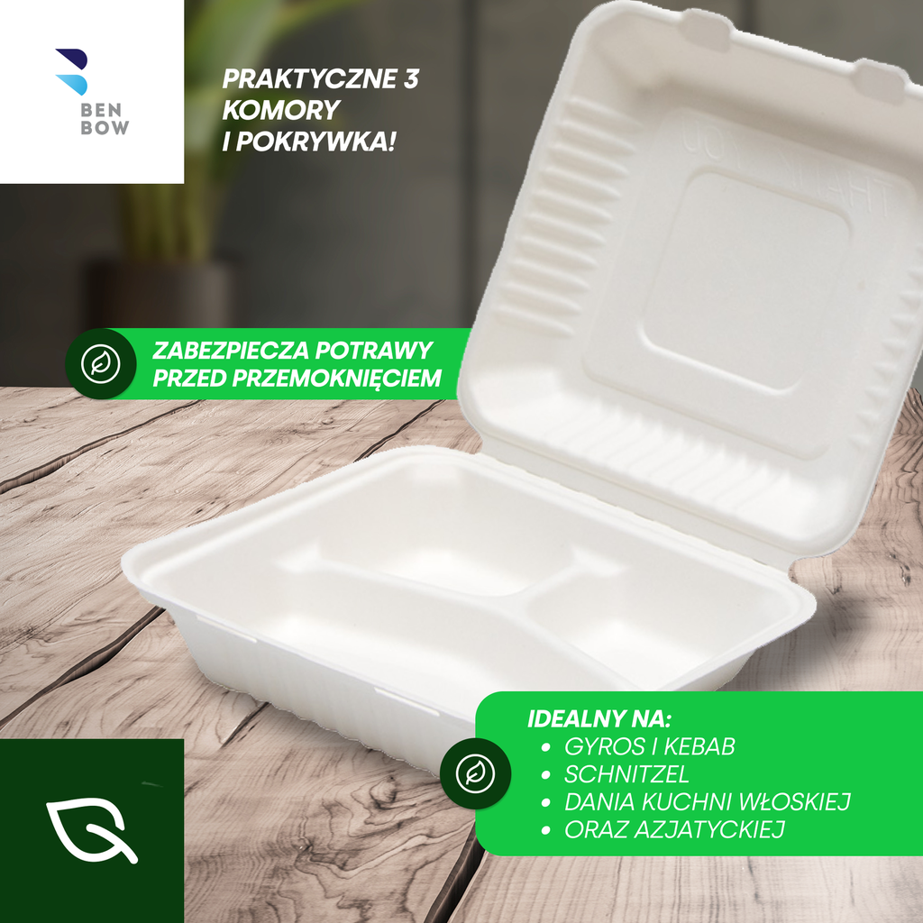 BenBow 002026 - Jednorazowy Pojemnik typu Menu Box 3-komorowy z Trzciny Cukrowej