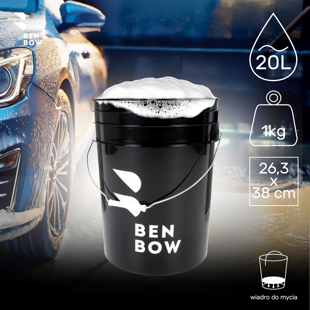 Benbow - Czarne wiadro 20L detalingowe z czarnym separatorem