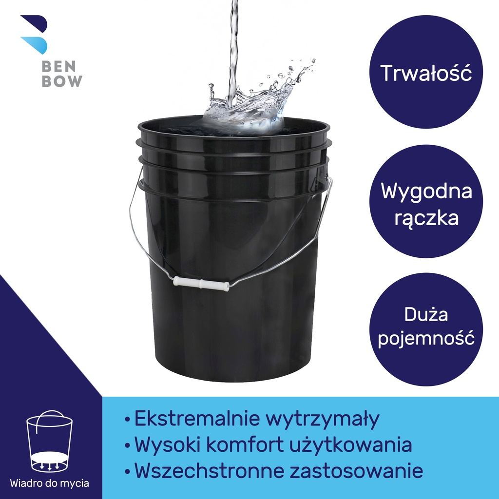 Benbow - Czarne wiadro 20L detalingowe (bez logo)+ czarny separator