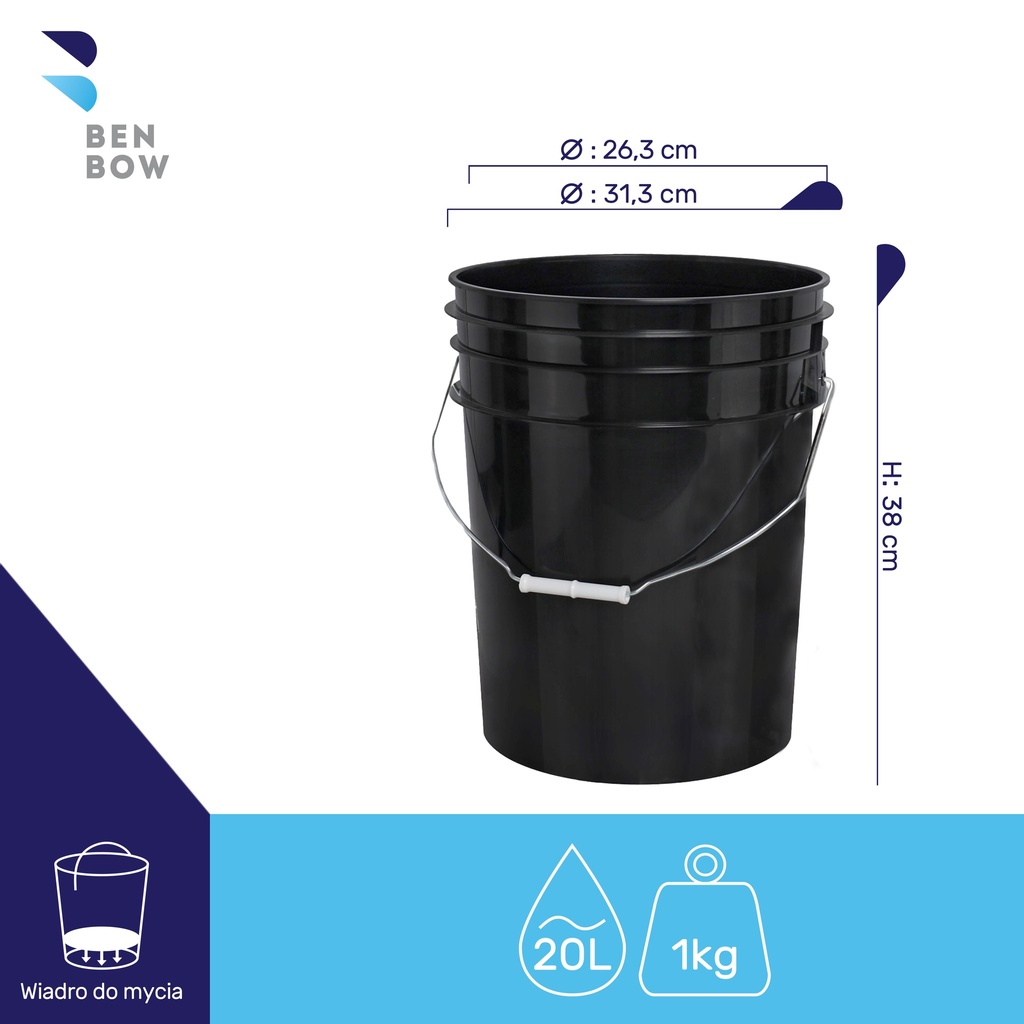 Benbow - Czarne wiadro 20L detalingowe (bez logo)+ czarny separator