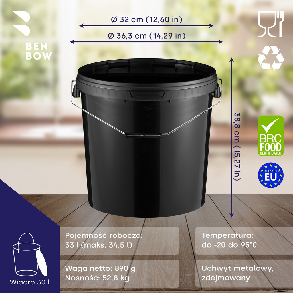 Benbow Wiaderko Czarne 30L ( E30S ), z pokrywą na żywność