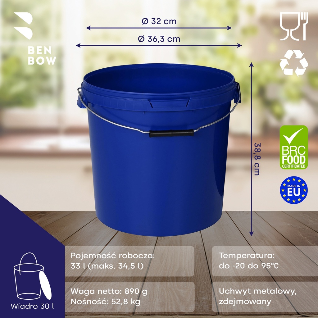 Benbow Wiaderko Niebieskie 30L ( E30BL ), z pokrywą na żywność
