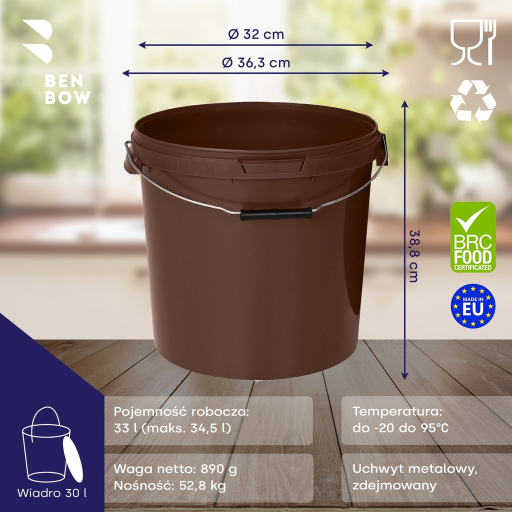 Benbow Wiaderko Brązowe 30L ( E30BR ), z pokrywą na żywność