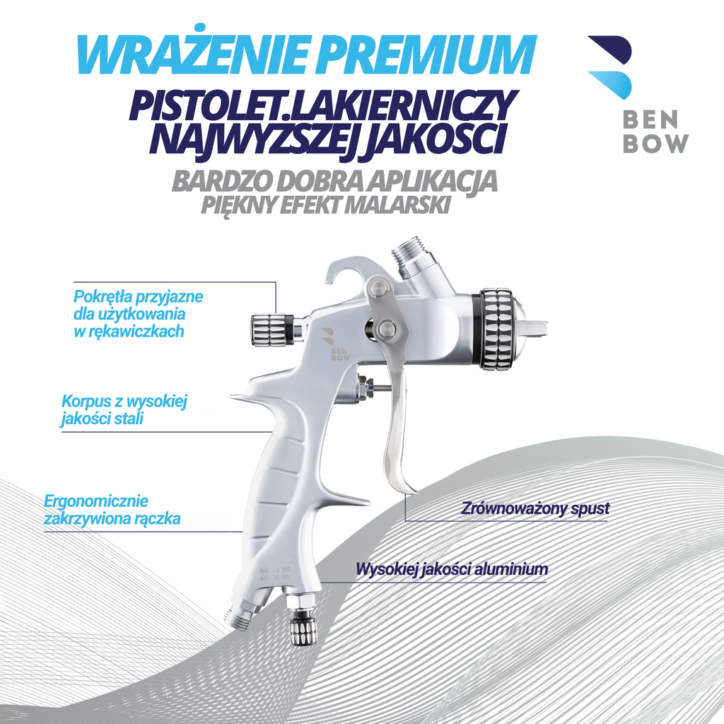 Benbow PK60 - Walizka, Pistolet lakierniczy, dysze 1.4mm i 1.8mm HVLP + manometr