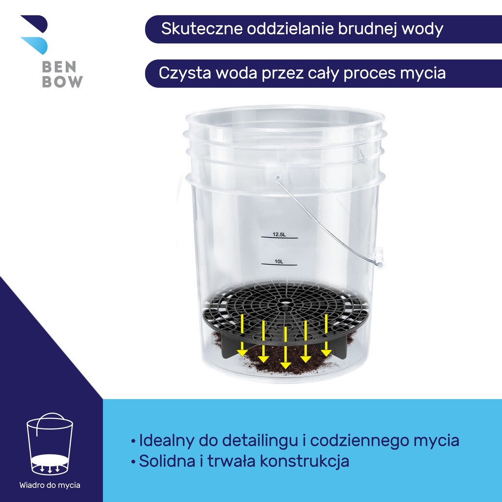 BenBow Transparentne wiadro detailingowe 20L (bez logo)+ czarny separator