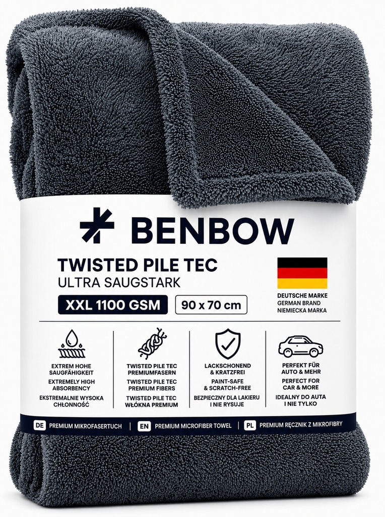 BENBOW 631 Ręcznik z Mikrofibry do Osuszania Samochodu 90x70 cm 1100 GSM – Twisted Pile, Chłonny, Bezpieczny dla Lakieru